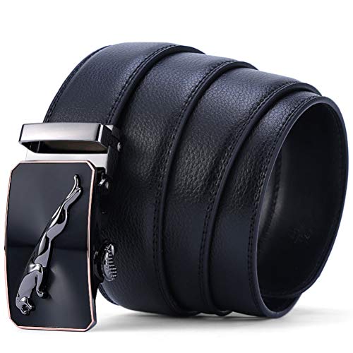 Cinturón Hombre Cuero Genuino Jaguar Cinturones Piel con Hebilla Automática Trajes De Negocios 1.5'' (38mm) Anchura,Hermosa Caja de Regalo (Tamaño de la cintura 45"-49", cinturón 51"(130 c, Negro)