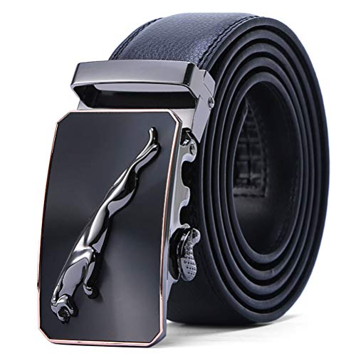 Cinturón Hombre Cuero Genuino Jaguar Cinturones Piel con Hebilla Automática Trajes De Negocios 1.5'' (38mm) Anchura,Hermosa Caja de Regalo (Tamaño de la cintura 45"-49", cinturón 51"(130 c, Negro)