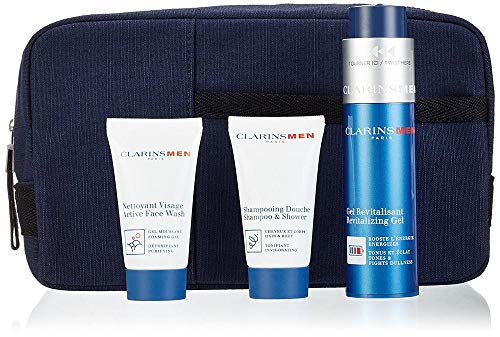 Clarins Men Hydratation - Set con 4 piezas (Gel Revitalizante 50 ml, Champú/Gel Ducha 30 ml, Limpiador Espumoso 30 ml, estuche)