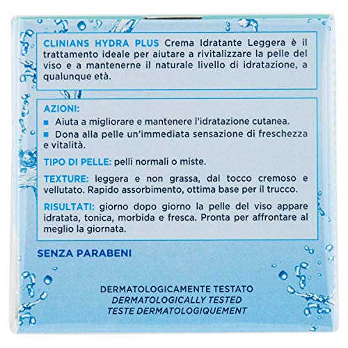 CLINIANS HYDRA PLUS, crema facial hidratante ligera para pieles normales o mixtas, con Jugo de Aloe Vera y Aguamarina, 50 mL