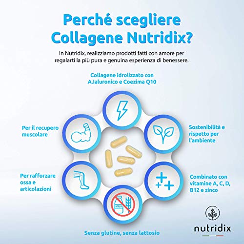 Colágeno + Ácido Hialurónico - Colágeno Hidrolizado para Piel, Pelo y Articulaciones - Vitamina C, A, D, B12, Coenzima Q10 y Zinc - 60 cápsulas Nutridix