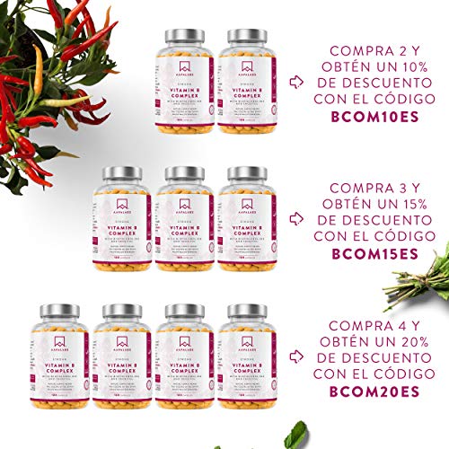 Complejo de Vitamina B - 180 Cápsulas para 6 Meses - 296,3 mg/Dosis Diaria - 8 Vitaminas B: B1, B2, B3, B5, B6, Biotina, B9 (Folato) y B12 - Refuerza el Metabolismo - 100% Vegano