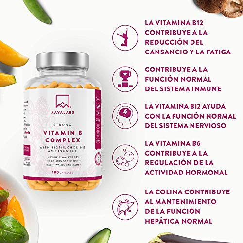 Complejo de Vitamina B - 180 Cápsulas para 6 Meses - 296,3 mg/Dosis Diaria - 8 Vitaminas B: B1, B2, B3, B5, B6, Biotina, B9 (Folato) y B12 - Refuerza el Metabolismo - 100% Vegano