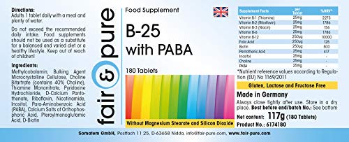 Complejo de Vitaminas del grupo B con PABA - Vegano - Altamente dosificado - Alta pureza - 180 Comprimidos