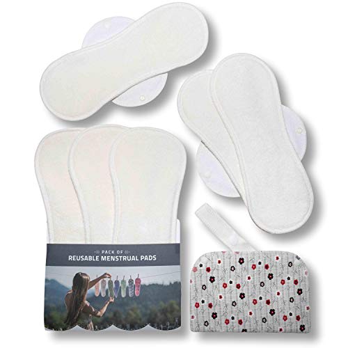 Compresas de tela reutilizables, pack de 6 compresas ecologicas de bambú puro con alas (de tamaños L y XL) HECHAS EN LA UE para menstruación, postparto, incontinencia; compresas lavables para mujer