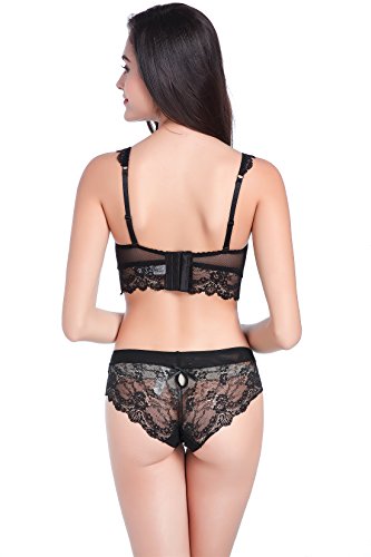 Conjunto de lencería Varsbaby para mujer, sujetador push up y braga con bordados de encaje Red + Black 85D