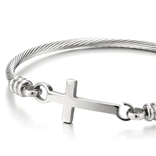 COOLSTEELANDBEYOND Horizontal Lateral Cruz Cable Trenzado Pulsera de Mujer Niñas, Brazalete de Acero Inoxidable