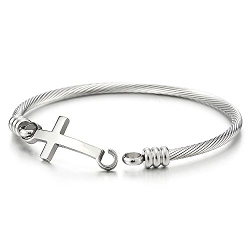 COOLSTEELANDBEYOND Horizontal Lateral Cruz Cable Trenzado Pulsera de Mujer Niñas, Brazalete de Acero Inoxidable