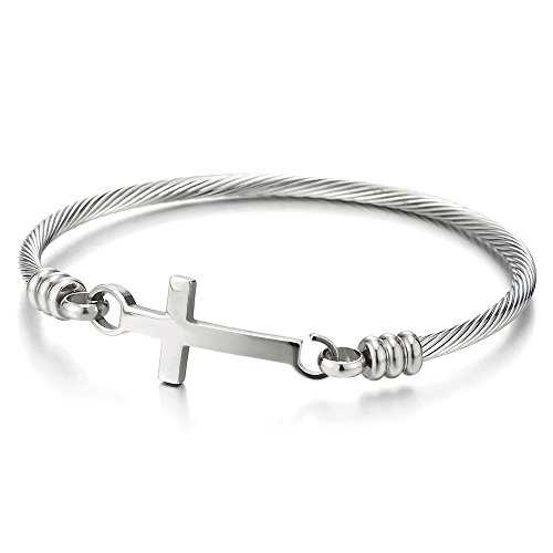 COOLSTEELANDBEYOND Horizontal Lateral Cruz Cable Trenzado Pulsera de Mujer Niñas, Brazalete de Acero Inoxidable