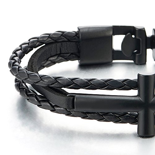 COOLSTEELANDBEYOND Negro Iado Horizontal Lateral Cruz Tres Filas Pulsera, Pulsera Trenzado Cuero de Hombre Mujer