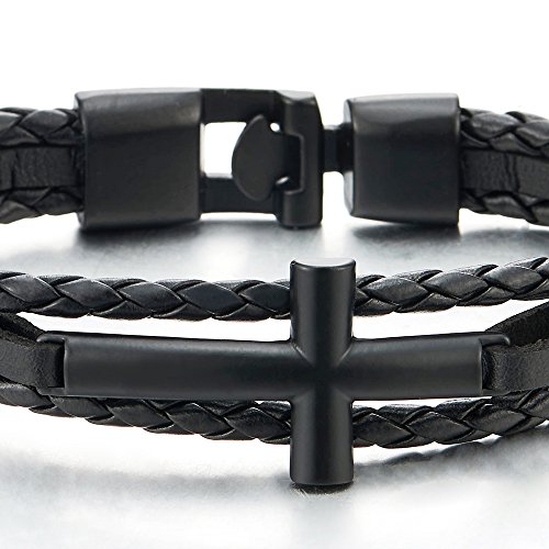 COOLSTEELANDBEYOND Negro Iado Horizontal Lateral Cruz Tres Filas Pulsera, Pulsera Trenzado Cuero de Hombre Mujer