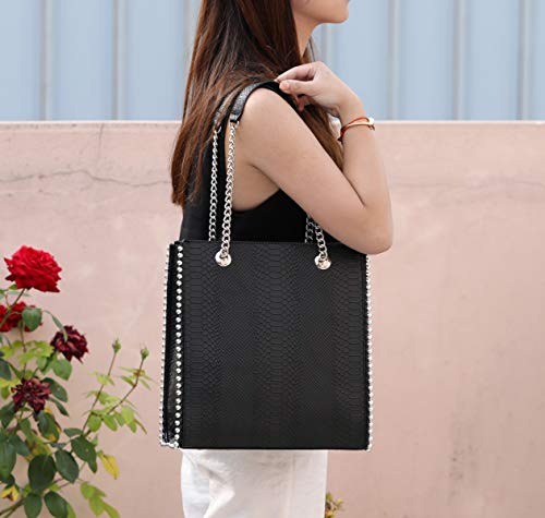 CRAZYCHC - Bolso de Mano Cadena Cuero Serpiente Pitón Mujer - Shopper Tote Remaches Perlas Piel PU - Bolsos de Hombro Mediano - Bolso Compras Rectangular - Elegante Moda Tendencia Designer - Negro