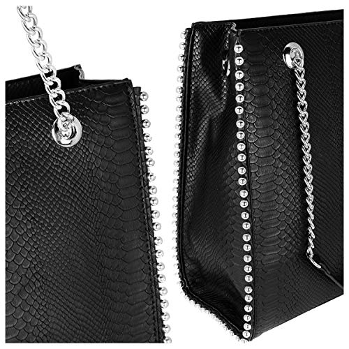 CRAZYCHC - Bolso de Mano Cadena Cuero Serpiente Pitón Mujer - Shopper Tote Remaches Perlas Piel PU - Bolsos de Hombro Mediano - Bolso Compras Rectangular - Elegante Moda Tendencia Designer - Negro