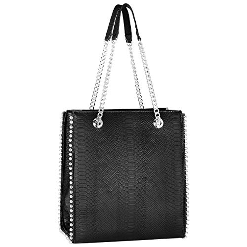 CRAZYCHC - Bolso de Mano Cadena Cuero Serpiente Pitón Mujer - Shopper Tote Remaches Perlas Piel PU - Bolsos de Hombro Mediano - Bolso Compras Rectangular - Elegante Moda Tendencia Designer - Negro