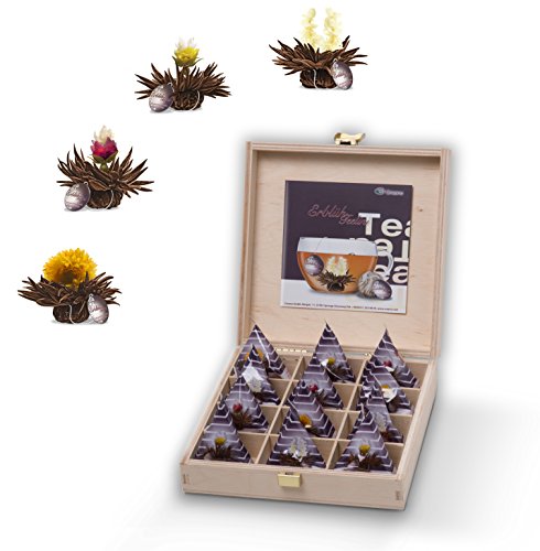 Creano Flores de Taza de Té en Tamaño de Taza, Juego de Regalo en una Caja de Té de Madera, 12 Flores de Taza de Té de 4 Tipos diferentes | Té negro