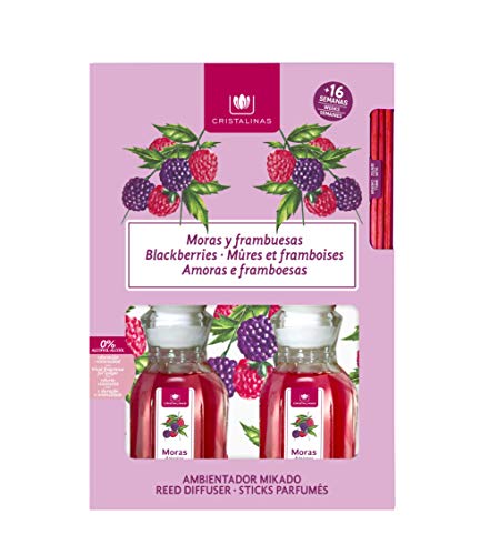 CRISTALINAS. Ambientador Mikado Clásico. Difusor con Varillas de ratán. Formula sin Alcohol. Máxima duración, hasta 16 semanas. Aroma Mora (Mora, 2 x 40 ml)