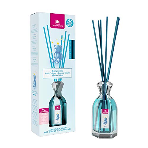 CRISTALINAS. Ambientador MIKADO Clásico. Difusor con varillas de ratán. Formula sin Alcohol. Máxima duración: más de 12 semanas. Capacidad 90ml. Disfruta de tu aroma favorito Bebé y Colonia