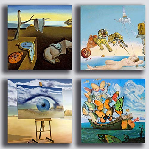 Cuadros modernos estilo Dali Dali Salvador 4 piezas 40 x 40 cm Impresión sobre lienzo Canvas Decoración Arte Abstracto XXL Decoración para Salón Dormitorio Cocina Oficina Bar Restaurante