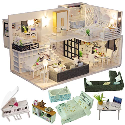 CUTEBEE Miniatura de la casa de muñecas con Muebles, Equipo de casa de muñecas de Madera DIY, más Resistente al Polvo y el Movimiento de música