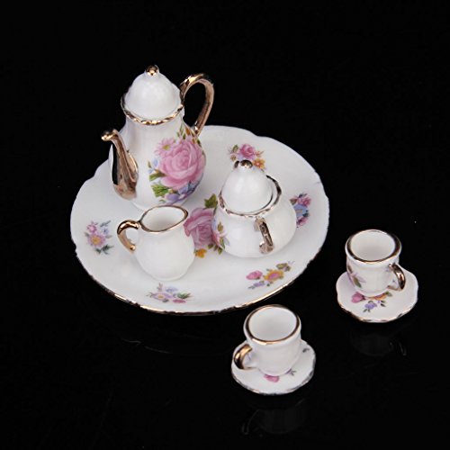 Dcolor 8 PC de casa de munecas en miniatura de te de porcelana vajilla juego de comedor plato taza rosa rosa