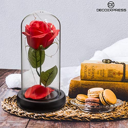 DECO EXPRESS Rosa Bella y Bestia Con Luces Led Suaves, Cupula de Cristal Con Pétalos Caidos y Base de Madera, Decoración Hogar, Regalos Originales Para Mujer San Valentin Dia de la Madre