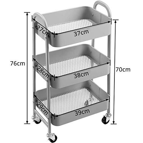 DOEWORKS Carro de Almacenamiento Carro de Servicios Metálicos de 3 Niveles Carro rodante Carro Organizador con Ruedas para Cocina Maquillaje Baño Oficina, Gris