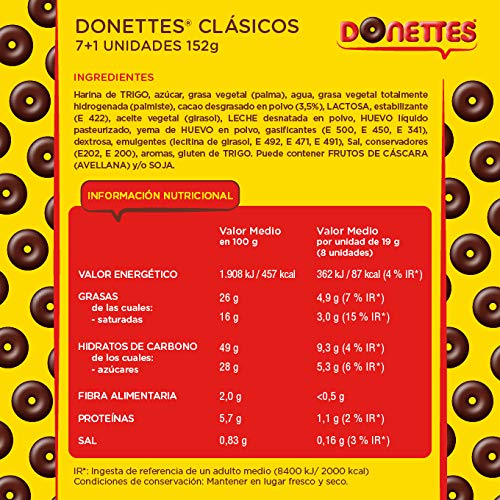 Donettes Clásicos Sabor Chocolate pack 7+1 unidades gratis. 152 g (19gr por mini rosquilla)