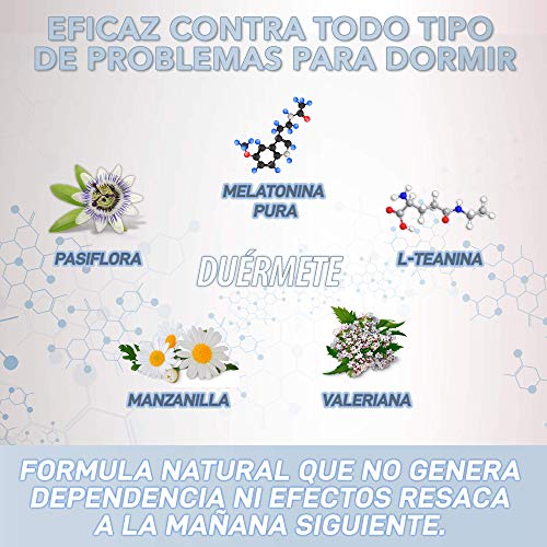 Duérmete | Melatonina Pura con L-Teanina, Valeriana, Pasiflora y Manzanilla | Elimina el Insomnio | Mejora la calidad del Sueño | Induce un Sueño Natural y Reparador | Efecto Rápido | 60 Cápsulas