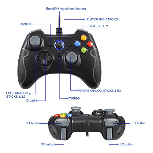 EasySMX Controlador de Juego con Cable, Vibracion Dual, USB Conexión, Función Turbo y Trigger, Gris