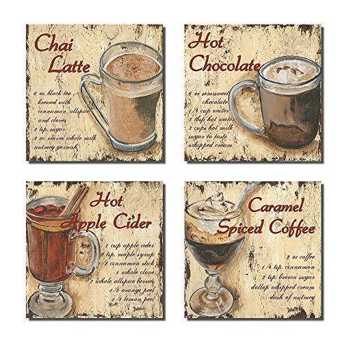 Eden Art – estirada y enmarcada Arte giclée, Café Caliente & Apple sidra & Chai Latte pinturas sobre lienzo moderno paisaje arte de la pared para Hogar y Oficina Decoración # N2 (12 x 12inchx4pcs)