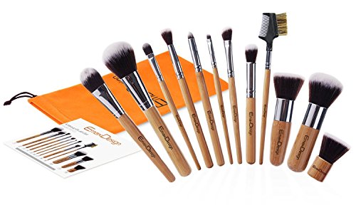 EmaxDesign Juego de brochas de maquillaje (12 piezas, mango de bambú, estuche )