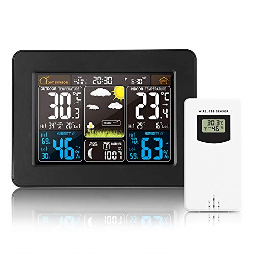 Estación meteorológica inalámbrica Reloj digital colorido del pronóstico del tiempo con sensor exterior Termómetro exterior Temperatura Humedad Barómetro Alarma Fase lunar Pantalla Reloj meteorológico