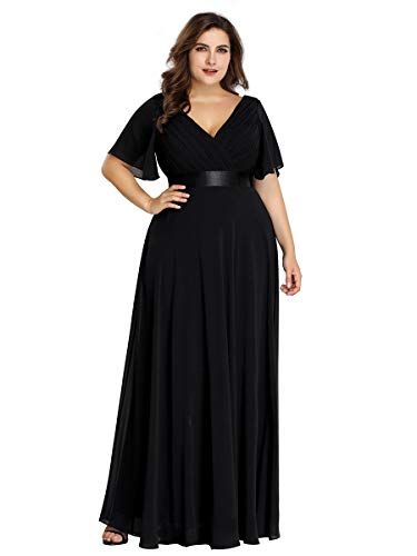 Ever-Pretty Vestido de Fiesta Noche Largo para Mujer Cuello V Manga Corta Talla Grande Negro 52