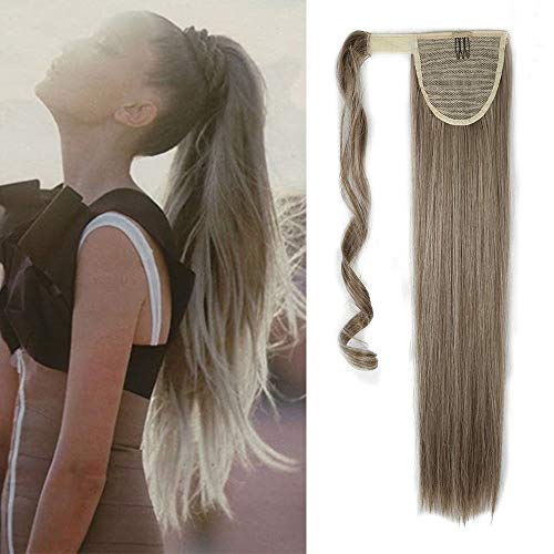 Extensión Cabello largo y recto con clip 23" 58cm Peluca rubia Postizo Extensiones de cola de caballo Pelucas 120g - Mezcla de arena oscura Muy rubio claro