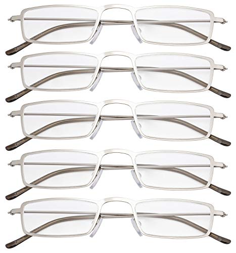 Eyekepper Gafas de lectura 5-Pack Marco de metal estampado Recta Delgado estilo mitad-ojo plata +2.0