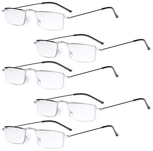 Eyekepper Gafas de lectura 5-Pack Marco de metal estampado Recta Delgado estilo mitad-ojo plata +2.0