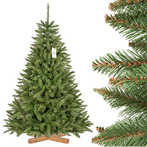 FairyTrees Pícea Natural, Tronco Verde, Árbol de Navidad Artificial, PVC, Soporte de Madera, 180cm