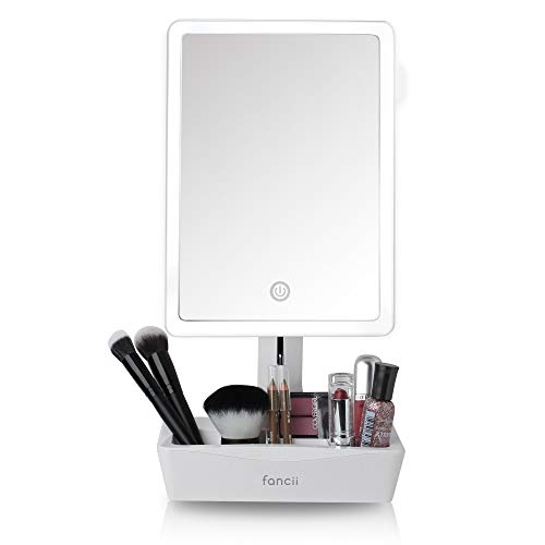 Fancii Espejo de Maquillaje con Luz Grande, Aumento de 1x y 10x - Espejo Sobremesa Ajustable con Pantalla Táctil, Luz LED Natural, USB y Pilas con Organizador de Cosméticos (Gala)