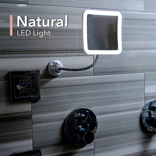 Fancii Espejo Maquillaje Flexible con Aumento de 10x, Luz LED Natural, Poderoso Ventosa, Rotación 360° - Espejo Iluminado de Baño para Cosmético, Afeitar y Viaje (Mira Plus)