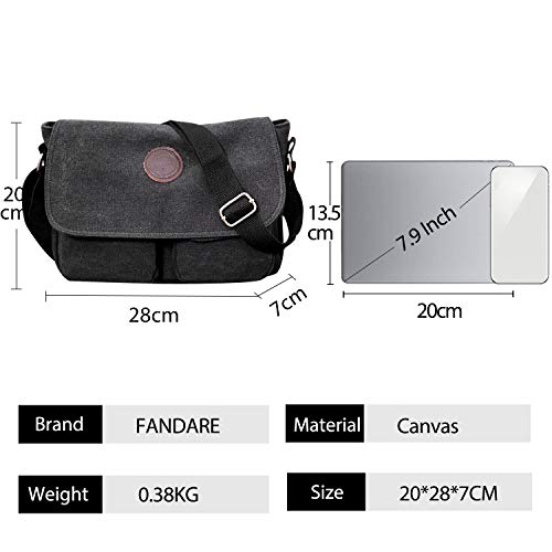 FANDARE Bolsa de Mensajero Bolso de Lona Bolsos Bandolera Unisex Adulto Bolsos Maletín Messenger Bag para el Trabajo la Escuela 7.9 Pulgadas Bolsa de iPad Negro