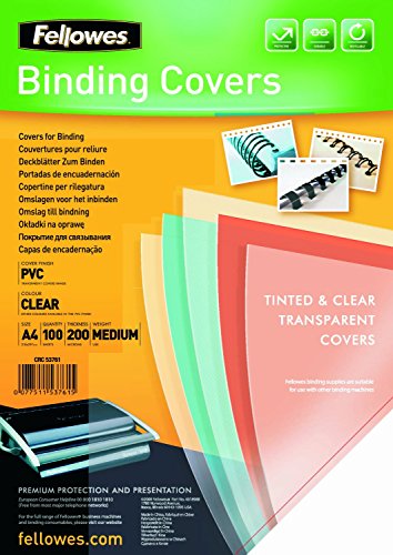 Fellowes Portadas para encuadernar de PVC transparente, formato A4, 180 micras, pack de 100