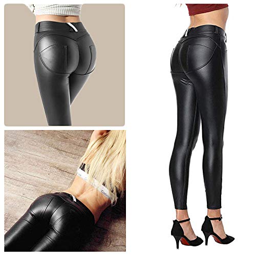 FITTOO Mujeres PU Leggins Cuero Brillante Pantalón Elásticos Pantalones para Mujer Negro XL