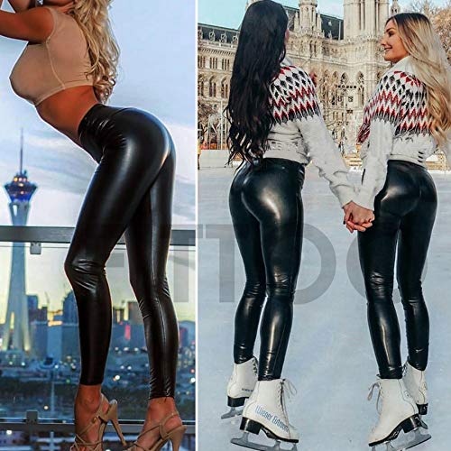 FITTOO Mujeres PU Leggins Cuero Brillante Pantalón Elásticos Pantalones para Mujer300#2 Negro Mate M