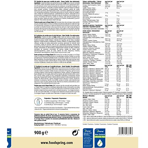 foodspring Shape Shake 2.0, Vainilla, 900 g, Sustitutivo de comidas para controlar el peso, Alto en proteínas y fibras