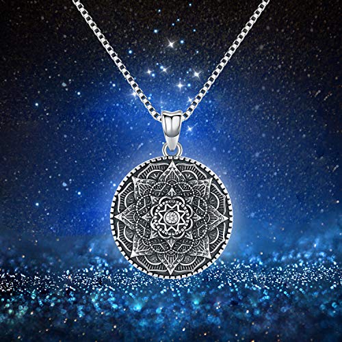 Friggem Collar Mandala de Plata esterlina, Collar Colgante de la Flor de la Vida, Regalo para Mujer, Colgante 3D Mandala Negro floreciente, Cadena de 18", joyería Vintage con Collar Vikingo