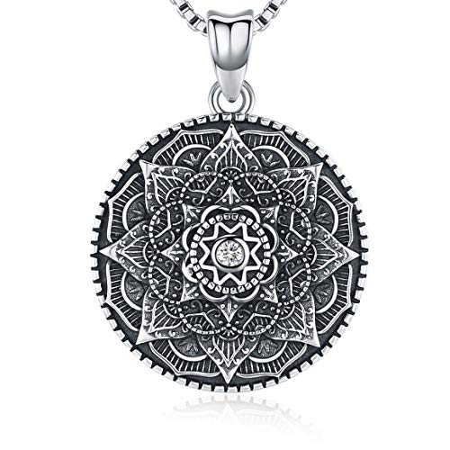 Friggem Collar Mandala de Plata esterlina, Collar Colgante de la Flor de la Vida, Regalo para Mujer, Colgante 3D Mandala Negro floreciente, Cadena de 18", joyería Vintage con Collar Vikingo