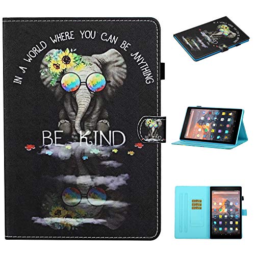 Funda Tablet para Kindle Fire HD10 2015/2017/2019 Carcasa con Soporte Función Diseño PU Cuero Protección Wallet Case Cuero con Auto-Sueño/Estela Ranura Cover para Kindle Fire HD10 ,Gafas de elefante