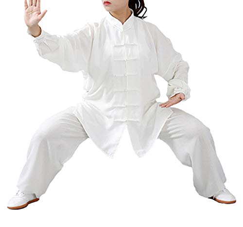 FUYUFU Algodón y Lino Traje de Tai Chi Unisex Ropa de Artes Marciales Kung-fu Disfraz para Hombre y Mujer (un Conjunto) (Blanco, S)