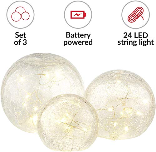 Gadgy ® Luces Bolas de Cristal Craquelado | Ø 8, 10,12 cm | Lamparas Decorativas de Interior | Guirnalda Luz LED Cálida | Funciona con Pilas | Luz Ambiente Tenue para Alumbrado Noche Habitacion