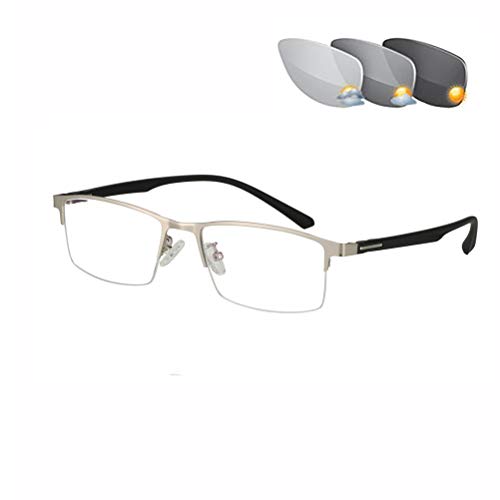 Gafas de Lectura Presbicia Vista Hombre Lectores de Gafas de Sol Fotocrómicas - Lente asférica antideslumbrante UV400 - Marco semi sin montura +0.25 a +6.00 Dioptrías (+5.50,Silver Frame)